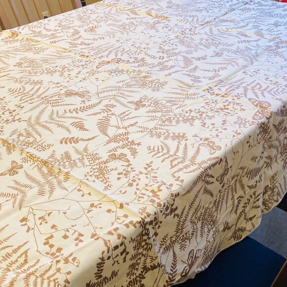 Vintage Tablecloth Rectangle 78 x 51 in Nature Floral Fern Butterfly Tan Beige - Picture 3 of 7